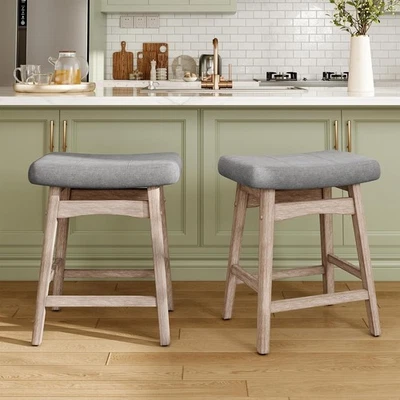 2 x Saddle Bar Stools Kitchen Counter Height Dining Pub Chairs w/ Solid Wood Leg - Image 1 of 2