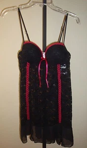 NEW LINEA DONATELLA 2 PC SET PADDED UW STRETCH LACE BABYDOLL & THONG BLACK XL - Picture 1 of 5