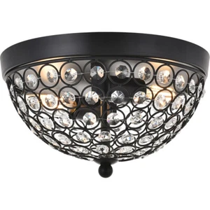 Flush Mount Crystal Light Fixture Matte Black Bedroom Dining Room or Hallway 10" - Picture 1 of 11