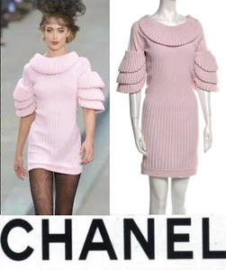 6K Chanel Vintage 2009 Pink Knit Ruffle Party Dress 38 40 6 8 Logo 09p Vtg S M - Picture 1 of 24