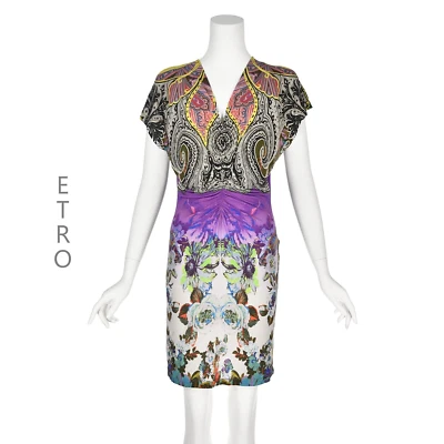 Vestido justo de malha ETRO colorido decote em V paisley e floral com mangas raglan tamanho 8-12 - Imagem 1 de 4
