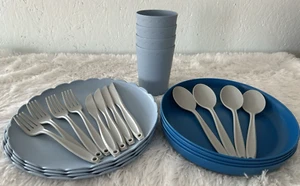 Plasticware Set for 4 10.5" & 8.5" (with lip) Plates 16oz tumblers Blue spoon - Picture 1 of 7