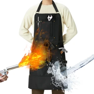 Reversible Design Black Apron with Pockets,BBQ Chef Apron for Men and Women, Fir - Picture 1 of 7