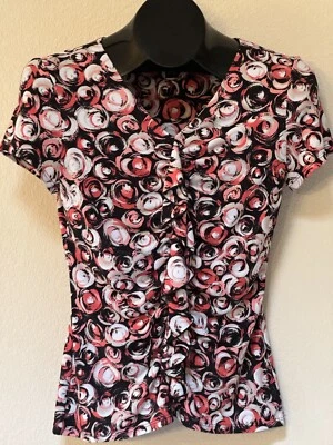 Alfani Women’s Petite Blouse Top Size PP or XSP Front Ruffles Swirl Coral Black - Image 1 of 4