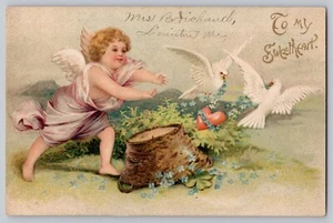 1910s Valentine "To My Sweetheart" Cupid Doves, Forget-Me-Nots Embossed Postcard - Picture 1 of 3