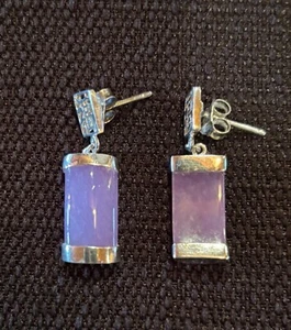 Purple Lavender Jade Chinese Character Sterling Silver Pierced Dangle Earrings - Picture 1 of 3