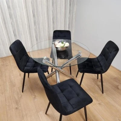 Round Glass Dining Table Set with 4 Black Velvet Chairs Chrome Legs - Image 1 of 4