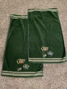 Vintage Embroidered Christmas Bath Towels Set of 2 Dark Green Gold Ho Ho Ho - Picture 1 of 4