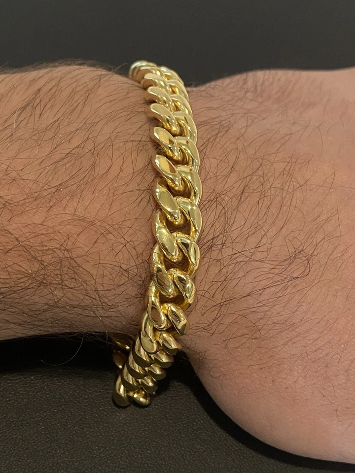 Brazalete de eslabones cubanos Hip Hop Miami de 10 mm de oro real de 18 quilates para hombre cierre de caja Foto 1 de 4