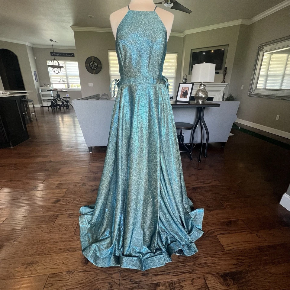 Juliet Formal Gown Size XXL Prom HOCO Dress Teal Sparkle Lace Up Sides High Neck — 第 1/4 张图片