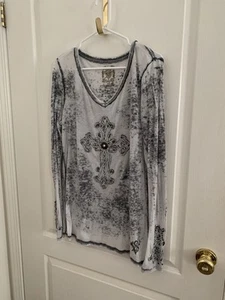 Y2K VELVET STONE Grey Cross Rhinestone Long Sleeve V Neck Shirt Women’s XL - Picture 1 of 8