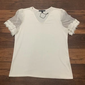 Zoey & Leelo Women's L Top Knit Blouse Lace Short Sleeve V Neck Cream Ivory - Picture 1 of 8