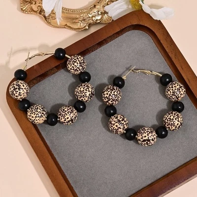 Women's Retro Leopard Print Wooden Bead Ear Buckle Beads Earrings Jewelry Gift - Image 1 of 4