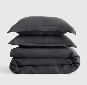 Quince European Linen Flange Charcoal Duvet Cover & 2 Shams! Full/ Queen(995) - Picture 1 of 12