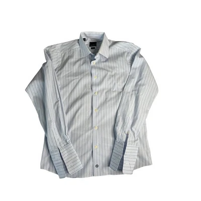 Camisa de Vestir David Donahue Rayas Puño Francés Algodón Formal Azul 16 34/35 Foto 1 de 4