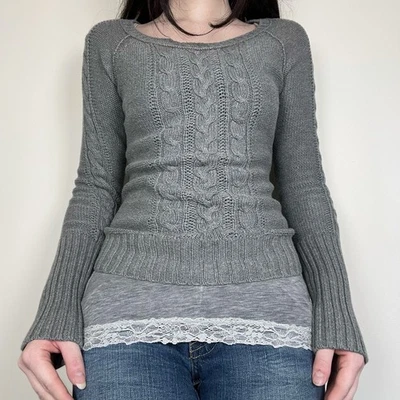 Suéter Tejido Manga Larga Gris Ajustado Y2K Años 2000 Top Grunge Preppy De Colección Talla M Foto 1 de 4