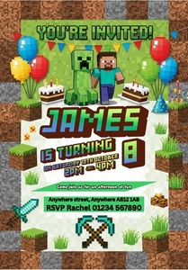 Personalisierte Minecraft Einladungen, Geburtstagseinladungen, 10er Pack - Bild 1 von 1