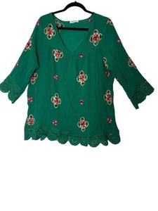 Anthropologie Kindred Embroidered Tunic Womens 2X Green Floral Bohemian Blouse - Picture 1 of 8