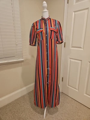 Maxi Vestido Camisa Boho Hippie Vintage Años 70 Arco Iris Rayas Botones Talla... Foto 1 de 4