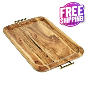 Better Homes & Gardens - Acacia Wood Rectangle Tray with Gold Color Handles - Picture 1 of 7