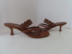 Manolo Blahnik Brown Leather Braided Strap Toe-Thong Kitten Heel Sandals EUR 40 - Picture 1 of 8