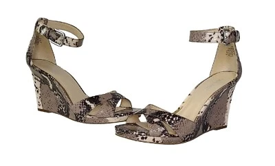 NINE WEST Mirandao Beige Brown Snake Print Ankle Strap Wedge Sandals Sz 8 - Image 1 of 4