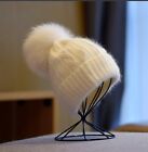 Women Winter Angora rabbit fur cap curled fox fur ball knitting cap