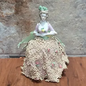 Vintage Porcelain Half Doll Pin Cushion Lace Dress - Picture 1 of 10