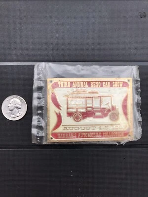 VINTAGE NOS BRASS 1967 RENO ANTIQUE CAR SHOW HARRAH EMBLEM BADGE TAG TOPPER SIGN - Image 1 of 3