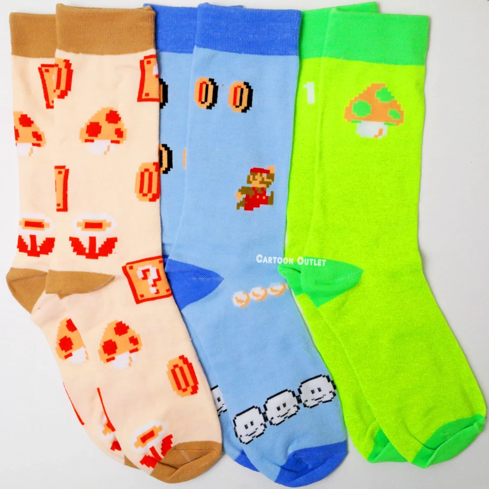 Super Mario Socks  3 Pair Crew Socks Mens 6-10 3 Sock Pairs Trending - Image 1 of 4