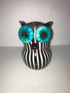 Large Owl Art Glass Hand Blown Murano Style Big Eyes Heavy Swirl Stripe - Picture 1 of 4