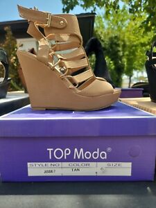 Top Moda Open Toe Wedge Heel Platform Strappy Tan
