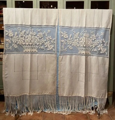 Antiche Tende In Tela Medioevale E Filet Ricamo A Mano 285x100 A Pannello - Immagine 1 di 4