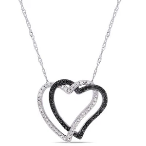 Amour 10k White Gold White & Black Rhodium Plated Diamond Heart Pendant w Chain - Picture 1 of 5