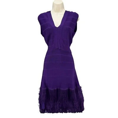 Venus 绷带条纹迷笛连衣裙紫色无袖罗纹 6 码 — 第 1/4 张图片