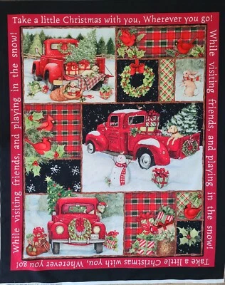New Red Truck Collage Fabric Panel 45"L X 36"W Quilting Sewing Crafting - Image 1 of 4