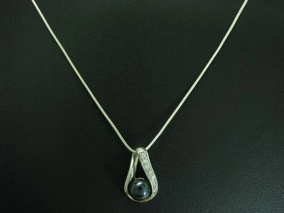 925 Collana IN Argento Sterling & Ciondolo con Zirconi & Perle Ricoperto / - Immagine 1 di 3