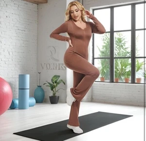 Workout Jumpsuits for Women Long Sleeve Sexy V Neck One Piece Yoga Outfits L - Picture 1 of 6