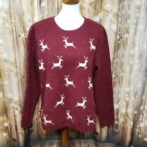 Bass Burgundy Reindeer Christmas Knit Print Women's XL Holiday Sweater Pullover - Picture 1 of 6