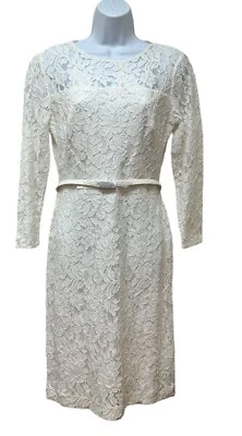 Lauren Ralph Lauren Chic Cream Lace Belted Stretch Sheath Dress Size 6 NEW - image 1 of 4