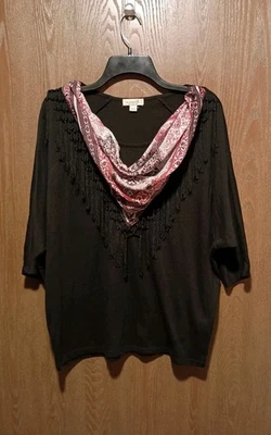 One World Too Talla L Negro Tejido Bufanda Incorporada Flecos Acento Mangas 3/4 Ligero Wt Foto 1 de 4