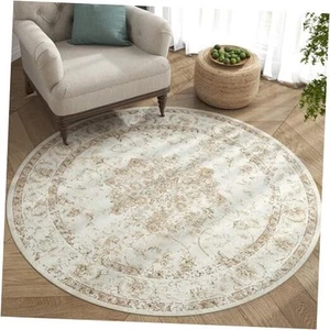 Washable Round Rug 4ft - Ultra-Thin Circle 4' Round-Light Weight Floral Taupe - Picture 1 of 7