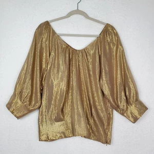 Madison Marcus Gold Metallic Silk Bubble Blouse Womens Size Medium Scoop Neck - Picture 1 of 15
