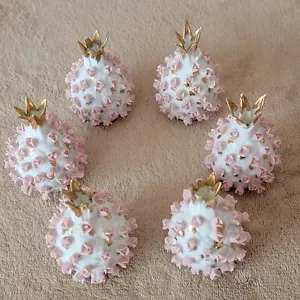 Lefton China Pineapple Salt Pepper Shaker Pink Roses Gold Tops Set of 6 # K3053 - Picture 1 of 12