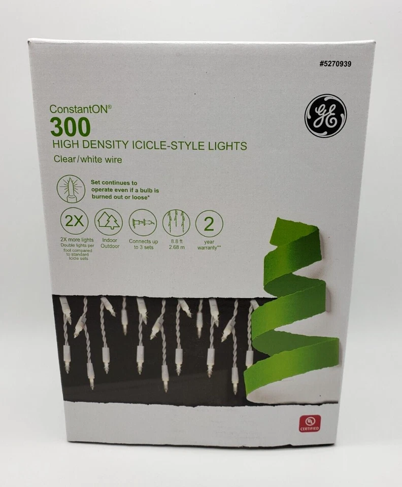 GE 300 Constant ON High Density Icicle Lights 5270939 Clear White Wire 8.8FT