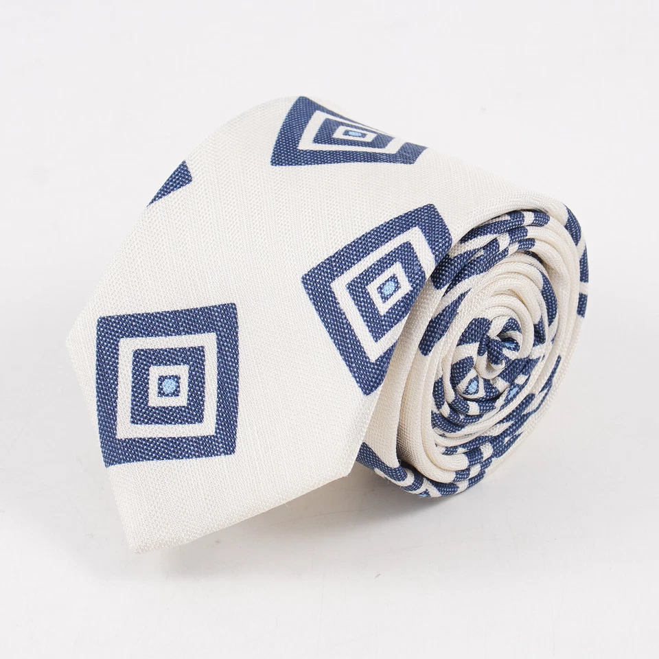 Luigi Borrelli Slim Width Blue-Ivory Geometric Jacquard Print Silk Tie NWT - Image 1 of 3