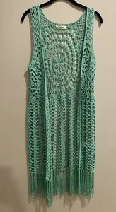 UMGEE Green CROCHET Fringe Open-Front HIPPIE BOHO Duster Vest Small/Medium - Picture 1 of 7