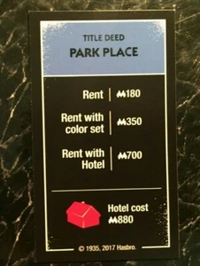 Monopoly CHEATERS EDITION Park Place Title Deed Card 2017 Game Replacement - Picture 1 of 3