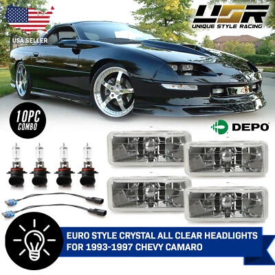 Euro Crystal Clear Low + High Beam Headlight +Wiring For 1993-1997 Chevy Camaro - Image 1 of 4