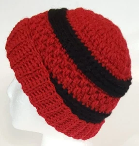 Beanie Unisex Women's Medium or Men's Small Acrylic Alpaca Red w/ Black Stripes - Picture 1 of 5